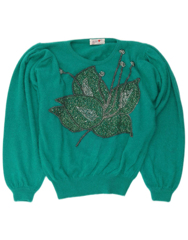 Maglione maglione girocollo con grafica vintage da donna UK 14 Verde medio floreale