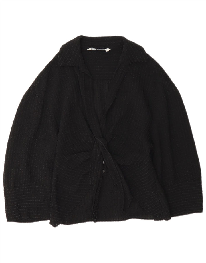 Zara Donna Camicetta con Maniche a 3/4 e Cravatta sul Davanti UK 12 Viscosa Nera Media