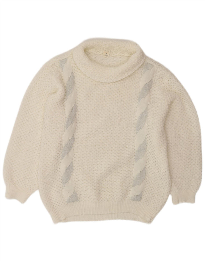 Maglione maglione oversize da donna VINTAGE con collo alto UK 14 bianco medio