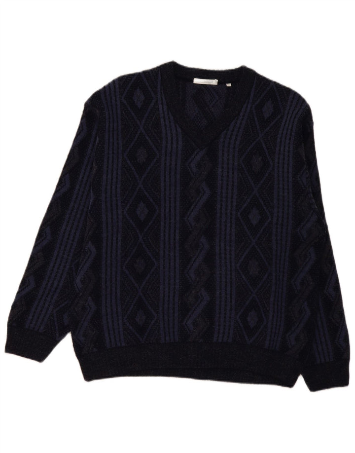 Maglione da uomo con scollo a V Naramaglie, acrilico geometrico medio blu navy