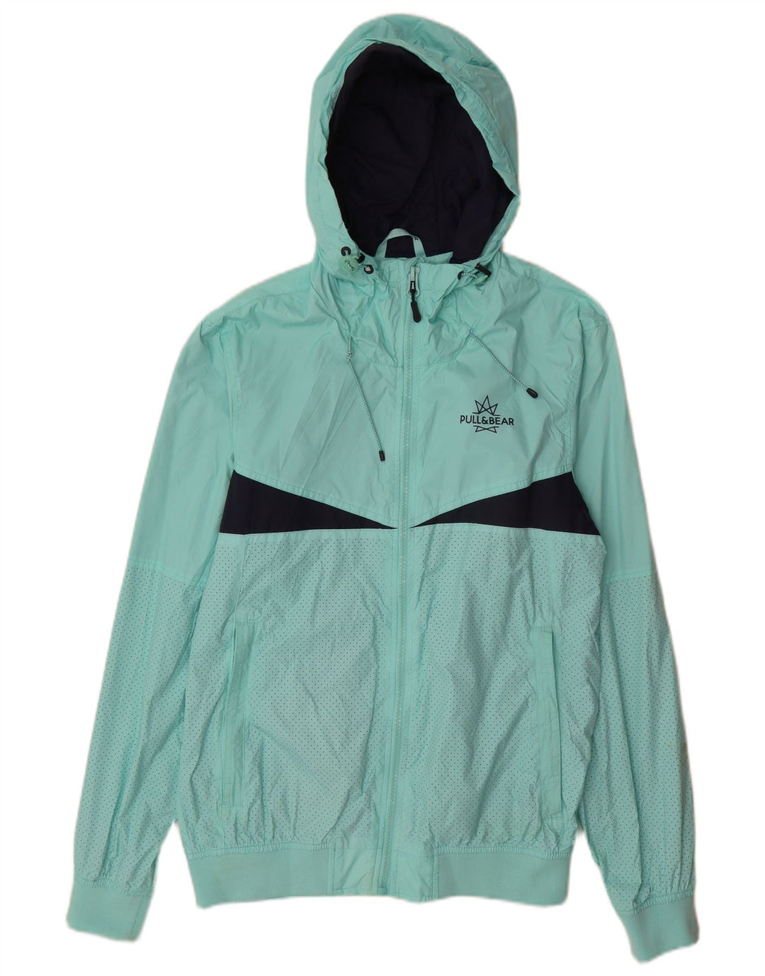 Giacca antipioggia con cappuccio da uomo Pull & Bear UK 40 Large in nylon color block turchese