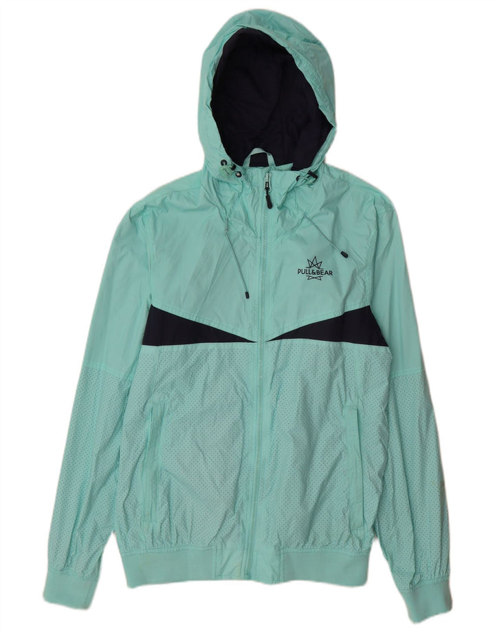 Giacca antipioggia con cappuccio da uomo Pull & Bear UK 40 Large in nylon color block turchese