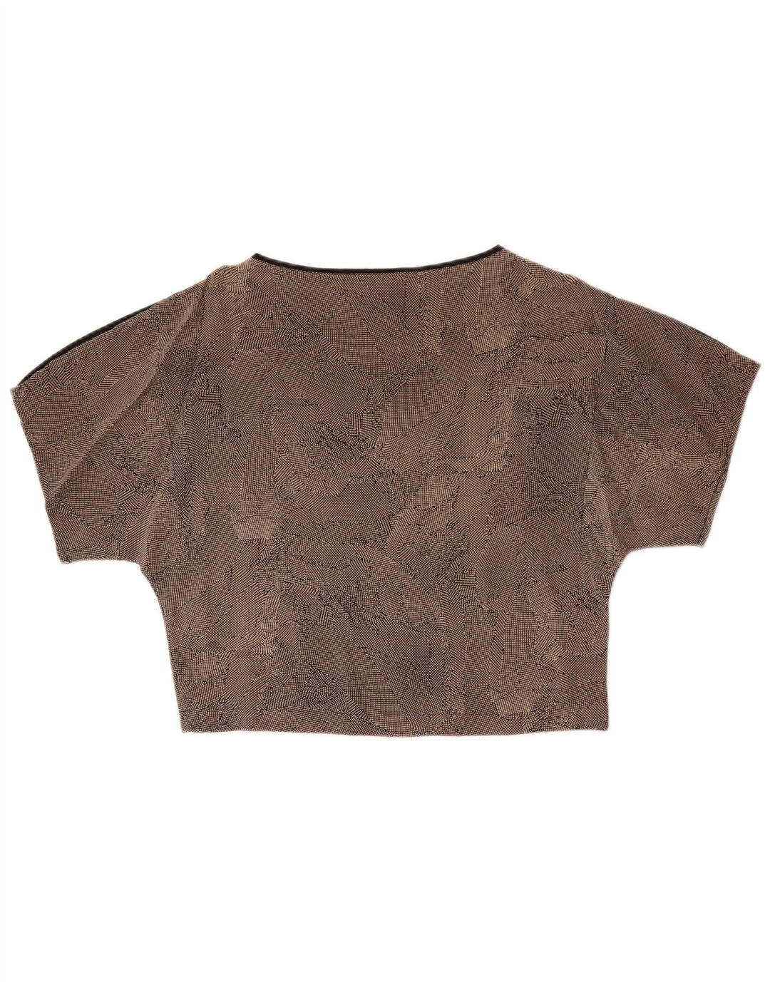 Top corto da donna vintage in camicetta UK 14 Seta maculata marrone medio