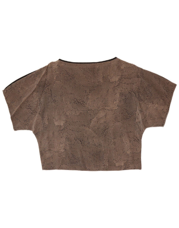 Top corto da donna vintage in camicetta UK 14 Seta maculata marrone medio