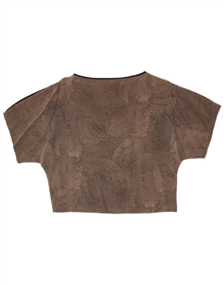 Top corto da donna vintage in camicetta UK 14 Seta maculata marrone medio