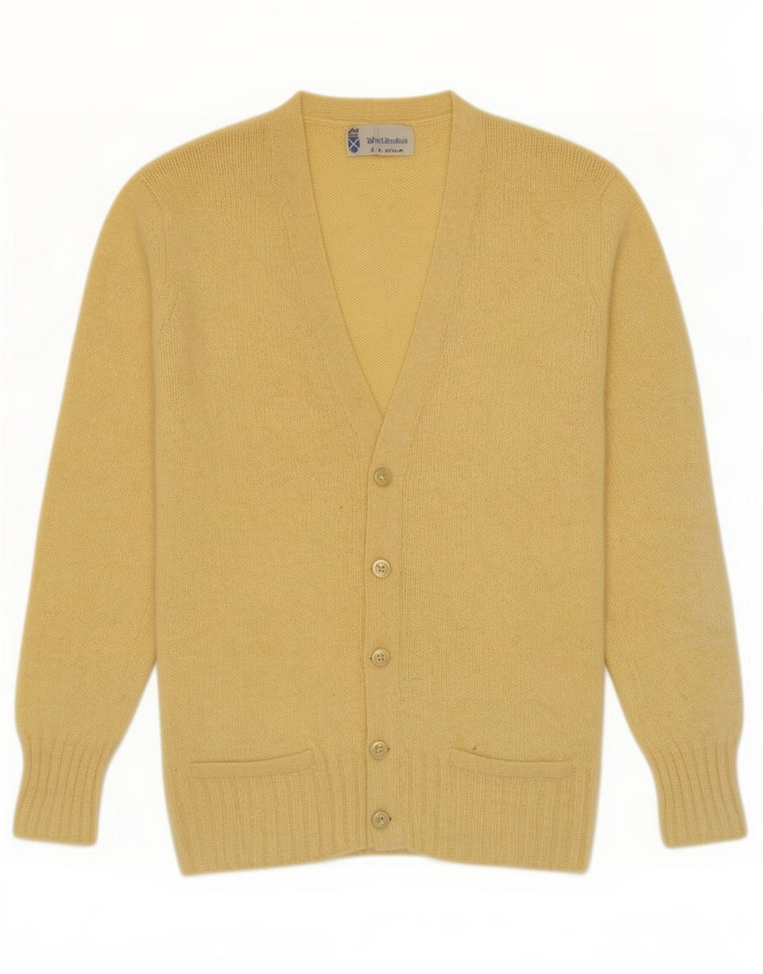 Maglione cardigan vintage da uomo piccolo in lana vergine gialla