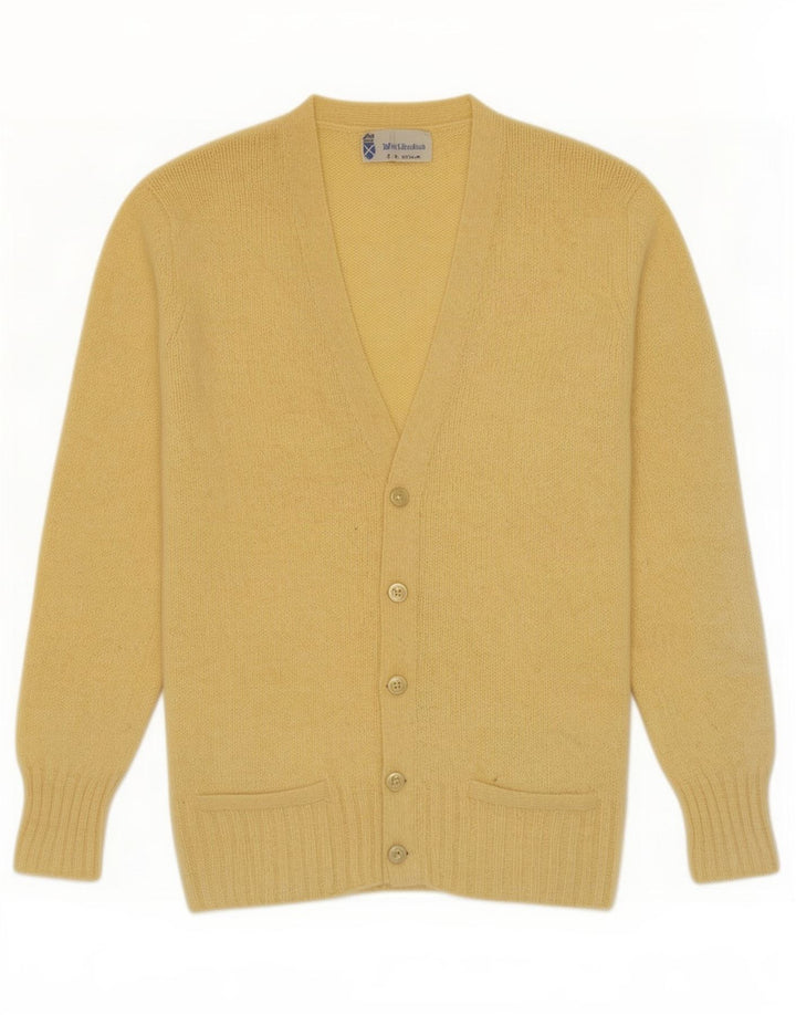 Maglione cardigan vintage da uomo piccolo in lana vergine gialla