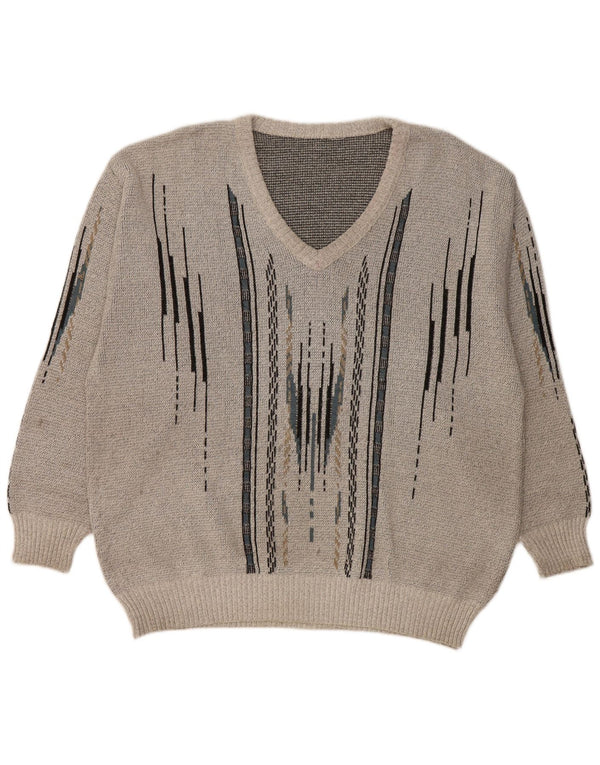 VINTAGE Maglione da uomo con scollo a V grande grigio geometrico