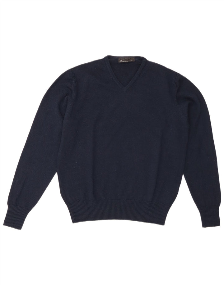 Maglione Zara da uomo con scollo a V, lana media blu navy