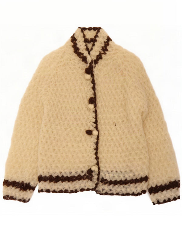 Maglione cardigan da donna vintage UK 12 medio a righe bianco sporco
