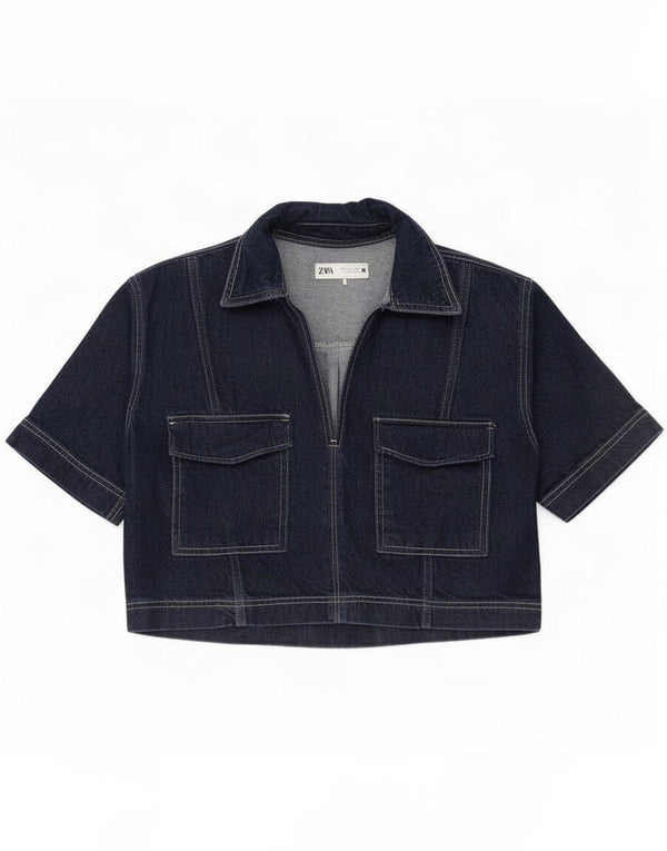 Polo corta in denim da donna Zara UK 16 grande in cotone blu navy