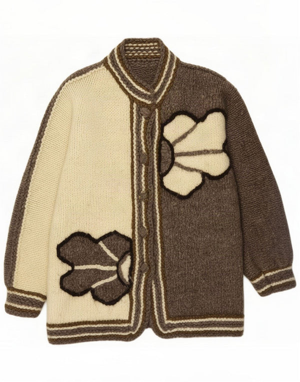 Maglione cardigan da donna vintage UK 14 grande grigio floreale