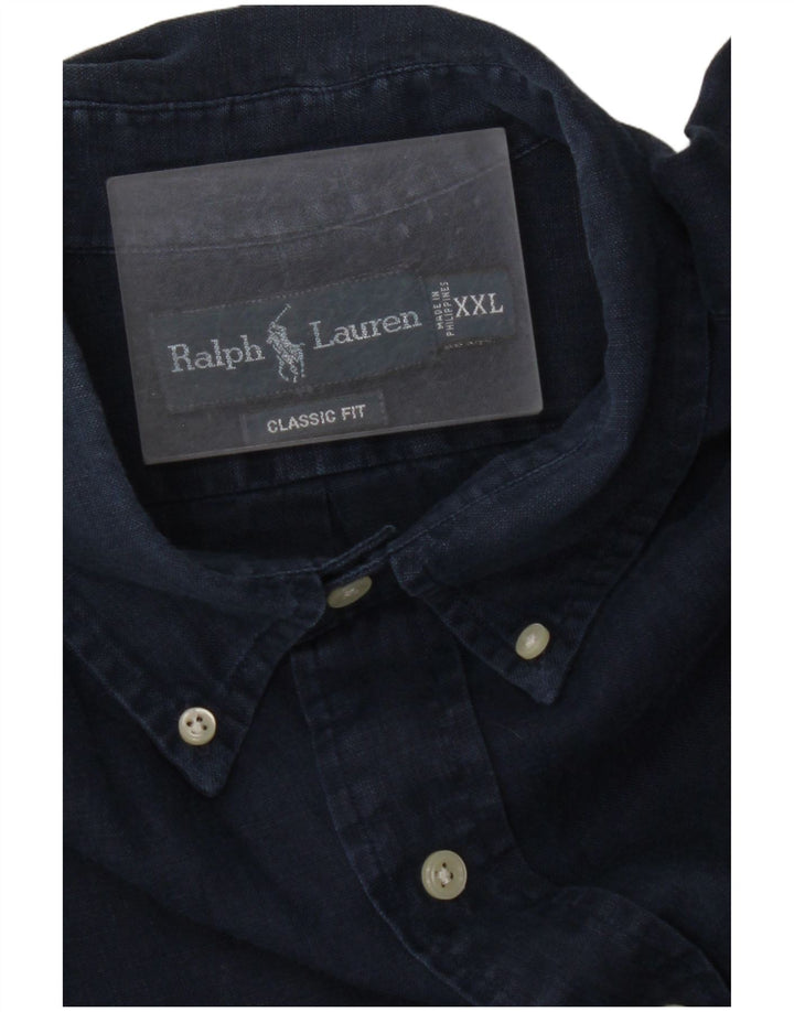 RALPH LAUREN Camicia da uomo a maniche corte vestibilità classica 2XL Lino blu navy