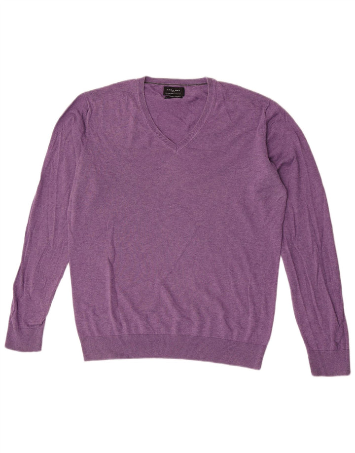 Maglione Zara da uomo con scollo a V grande in cotone viola