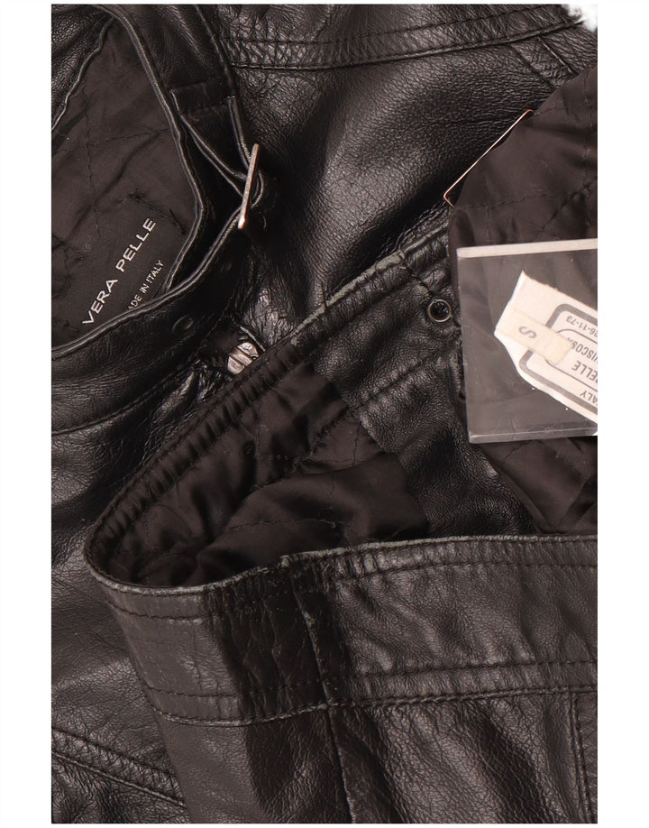 Giacca da motociclista in pelle corta da donna vintage UK 10 piccola pelle nera