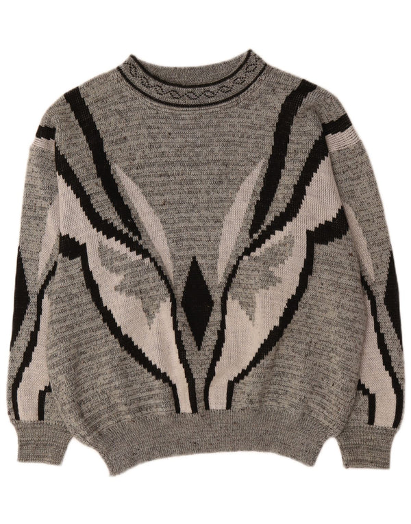 Maglione vintage da uomo girocollo IT 52/54 grande grigio geometrico