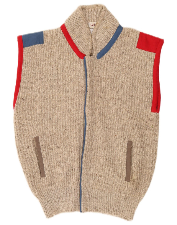 Maglione cardigan senza maniche vintage da uomo in acrilico color block beige medio