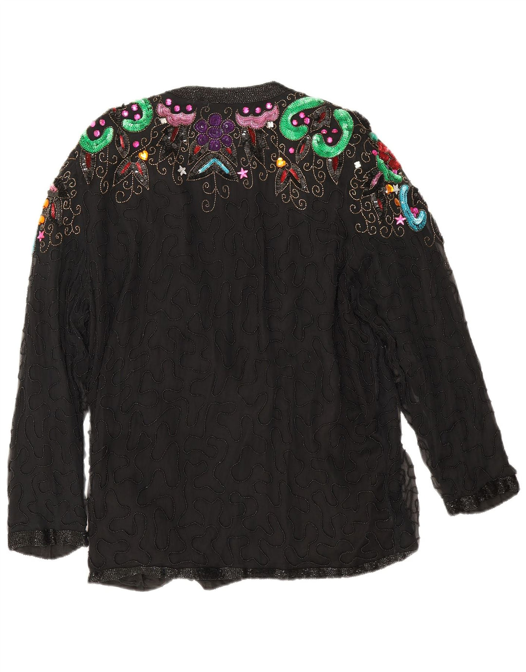 Giacca blazer da sera vintage da donna UK 16 grande seta floreale nera