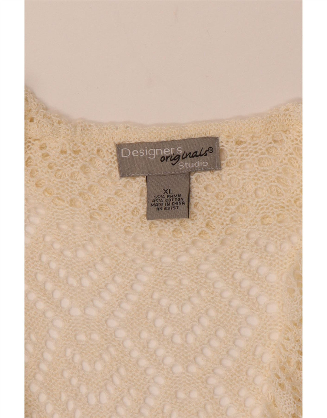 Maglione cardigan all'uncinetto con maniche a 3/4 corto da donna VINTAGE UK 18 XL bianco sporco