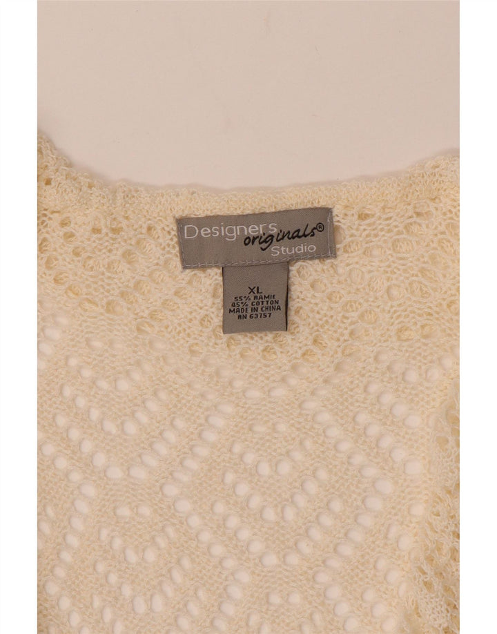 Maglione cardigan all'uncinetto con maniche a 3/4 corto da donna VINTAGE UK 18 XL bianco sporco