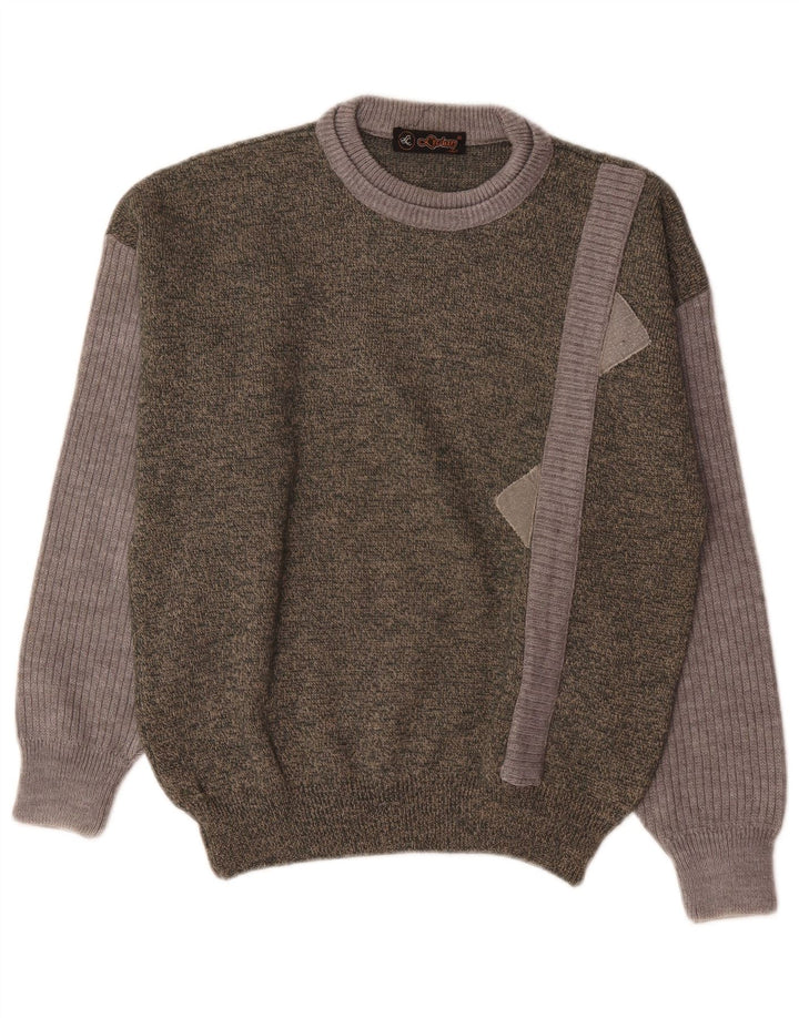 Maglione girocollo da uomo vintage in lana color block verde grande