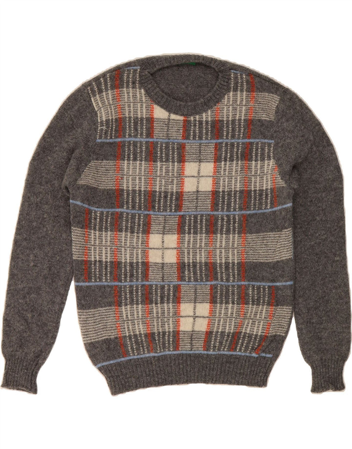 BENETTON Womens Crew Neck Jumper Sweater UK 14 Large Grey Check Vintage Benetton and Second-Hand Benetton from Messina Hembry 