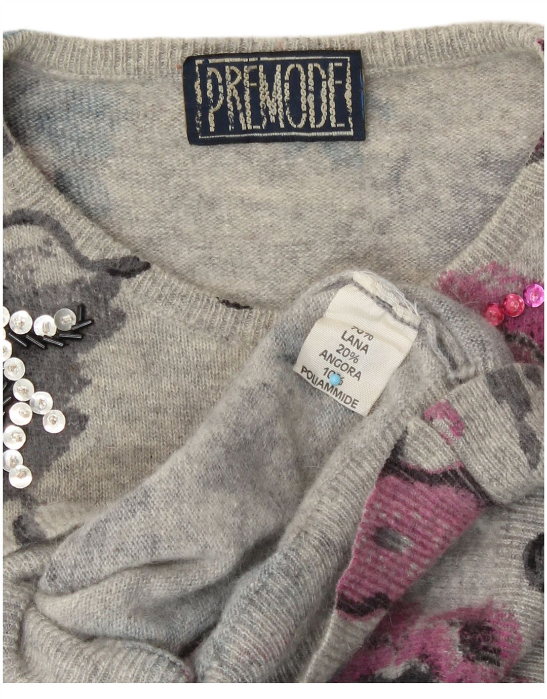 Maglione maglione girocollo da donna Premode UK 14 Lana floreale grigia grande