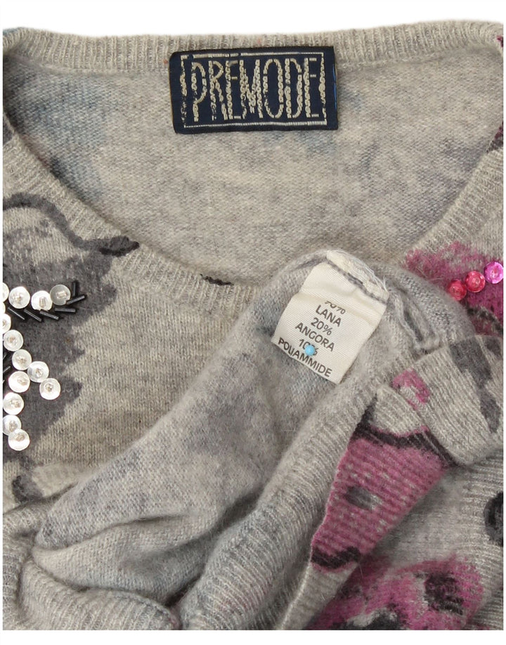 Maglione maglione girocollo da donna Premode UK 14 Lana floreale grigia grande