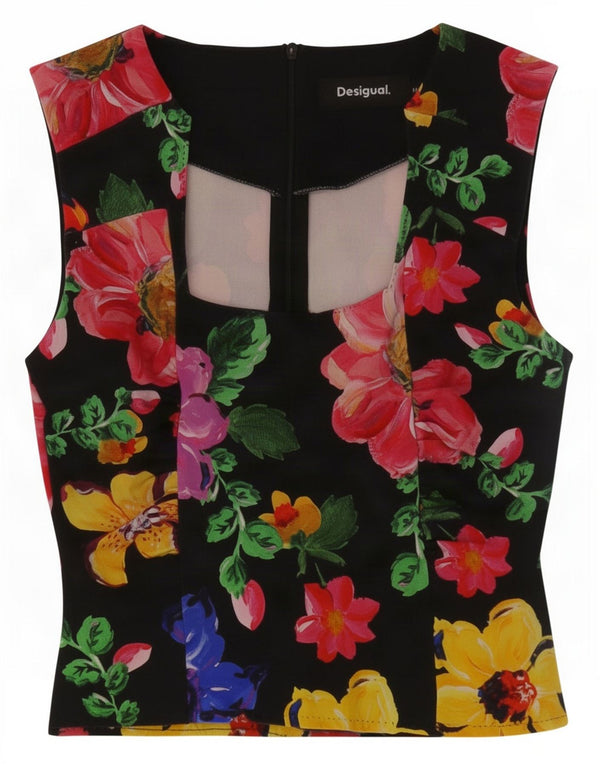 Desigual Donna Camicetta Senza Maniche Top UK 12 Medio Nero Floreale