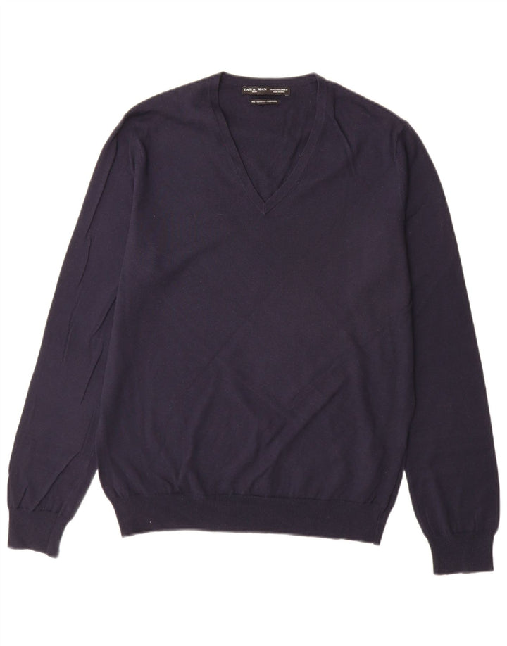 Maglione Zara da uomo con scollo a V grande in cotone blu navy