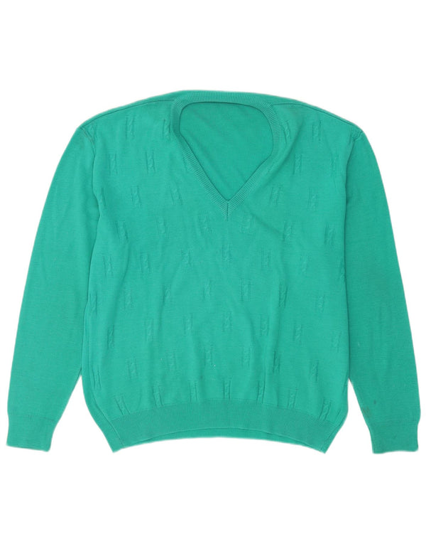 Maglione vintage da uomo con scollo a V, grande lana turchese