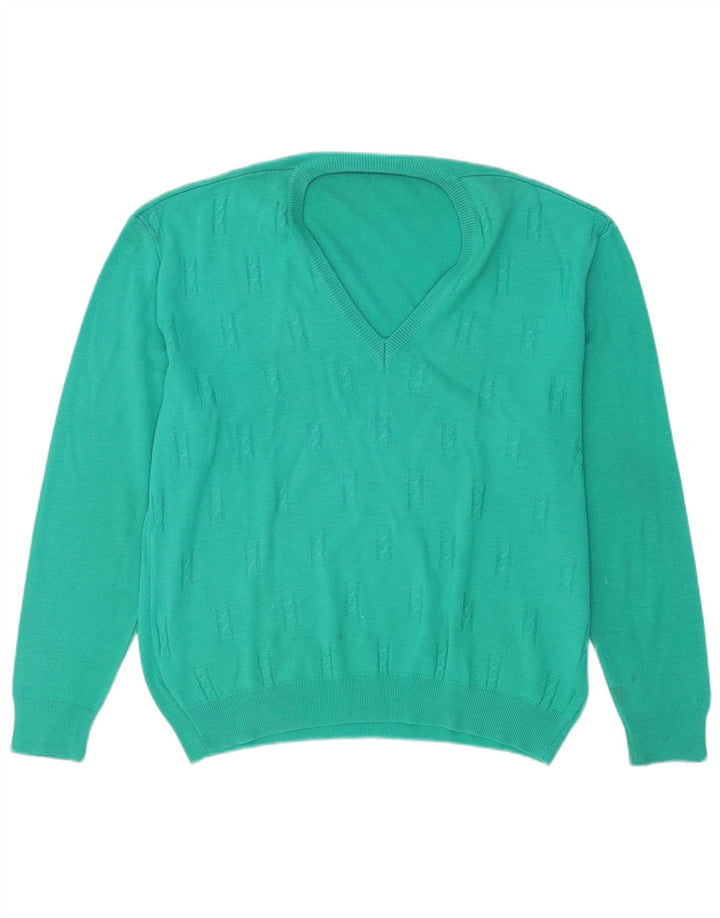 Maglione vintage da uomo con scollo a V, grande lana turchese
