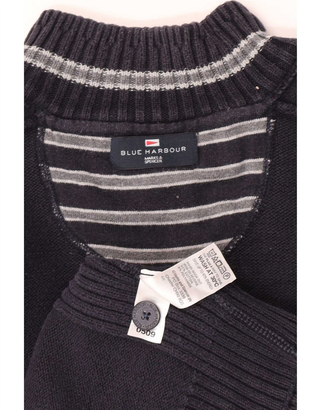 Marks & Spencer Maglione da uomo con collo a bottoni blu Harbour XL in cotone blu scuro