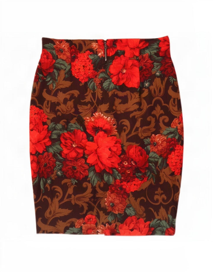 Gonna a tubino vintage da donna W30 in lana vergine floreale rossa media