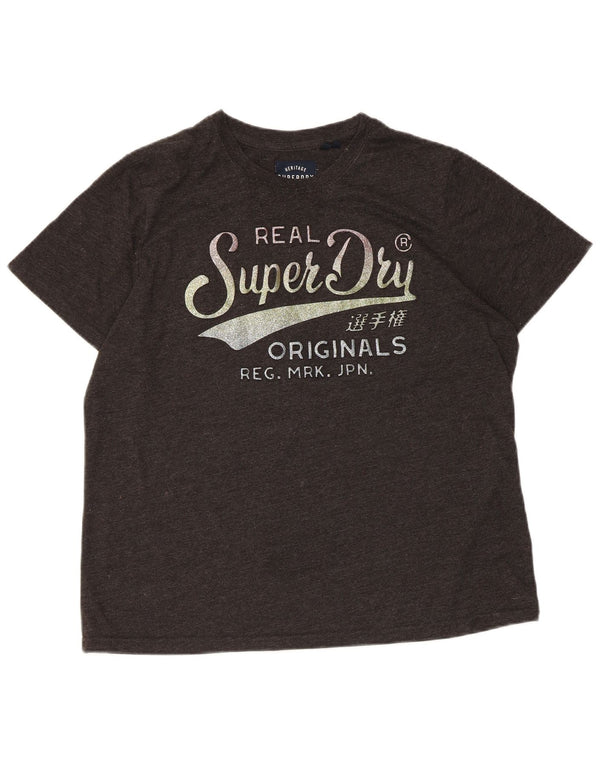 T-shirt grafica da donna SUPERDRY Top UK 16 grande cotone chiazzato grigio