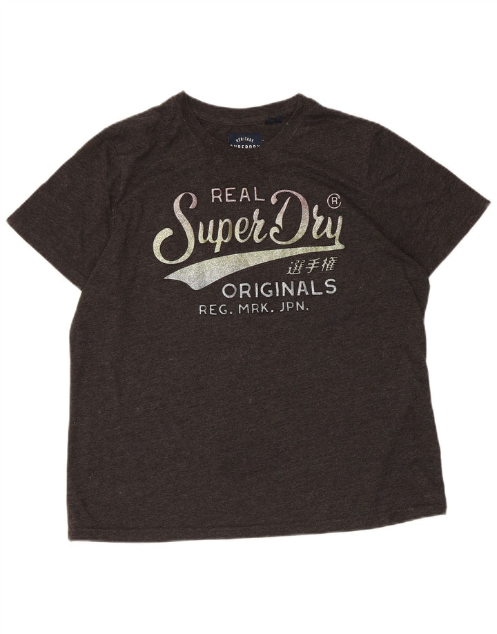 T-shirt grafica da donna SUPERDRY Top UK 16 grande cotone chiazzato grigio