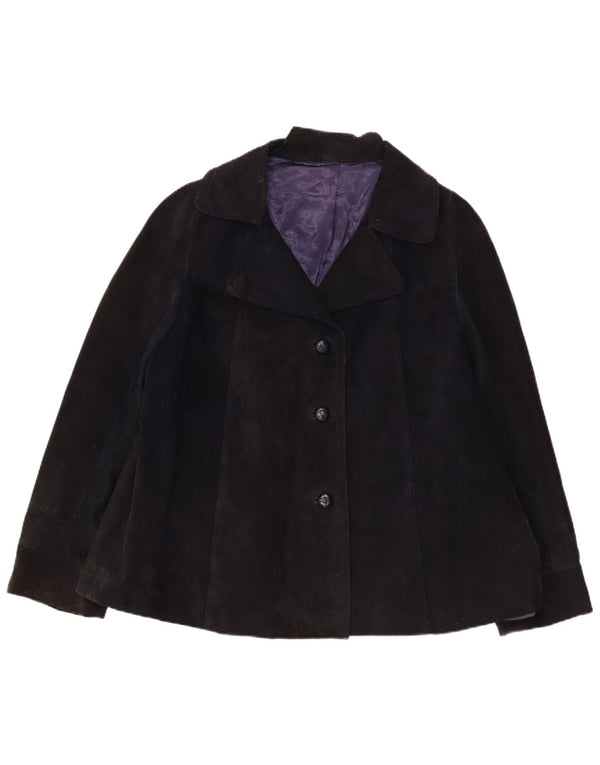 Giacca blazer vintage da donna in pelle scamosciata a 3 bottoni UK 16 grande blu navy