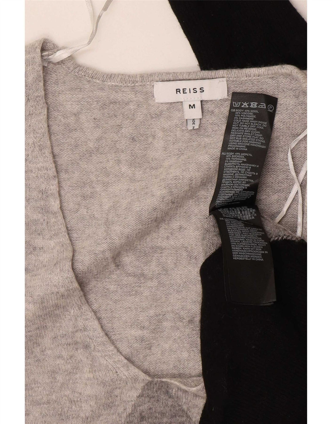 Maglione maglione con scollo a V da donna Reiss UK 14 Lana color block grigio medio