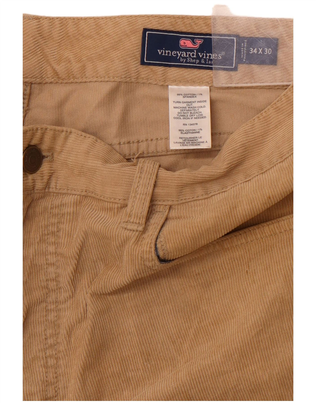 VINEYARD VINES Pantaloni da uomo in velluto a coste W34 L30 Cotone Beige