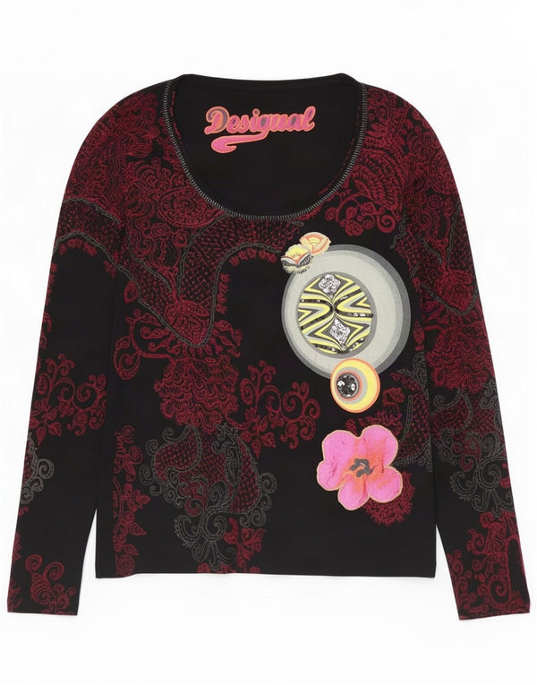 Desigual Donna Graphic Top Manica Lunga UK 12 Medium Nero Paisley Viscosa