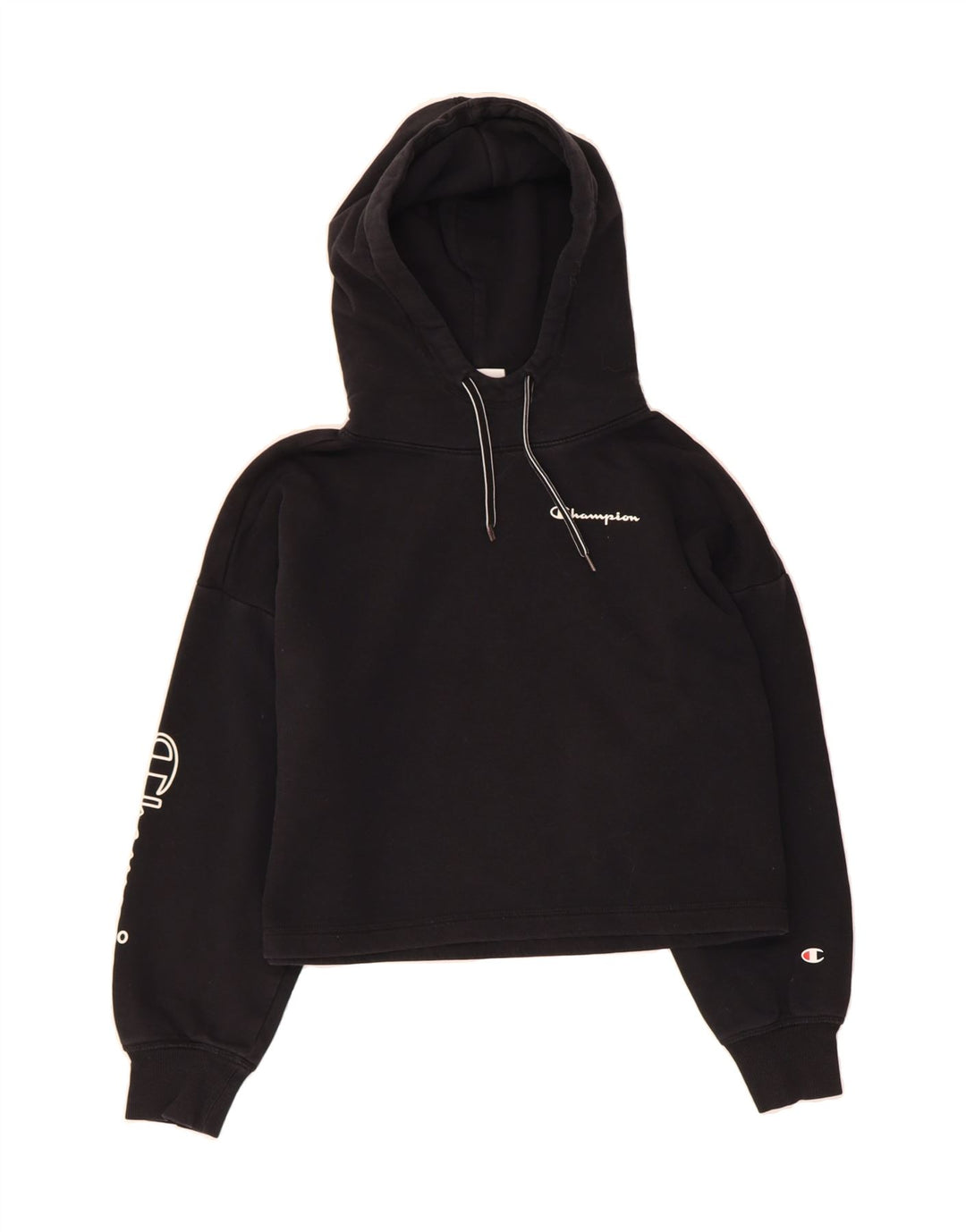 CHAMPION Womens Oversized Graphic Crop Hoodie Jumper UK 14 Medium Black Vintage Champion and Second-Hand Champion from Messina Hembry 