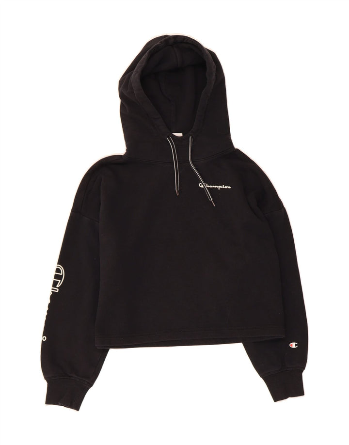 CHAMPION Womens Oversized Graphic Crop Hoodie Jumper UK 14 Medium Black Vintage Champion and Second-Hand Champion from Messina Hembry 