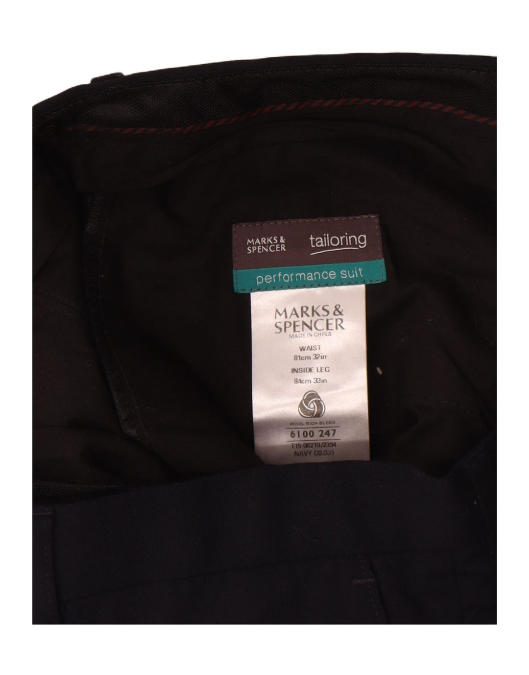Pantaloni casual dritti da uomo Marks & Spencer W32 L33 lana blu navy