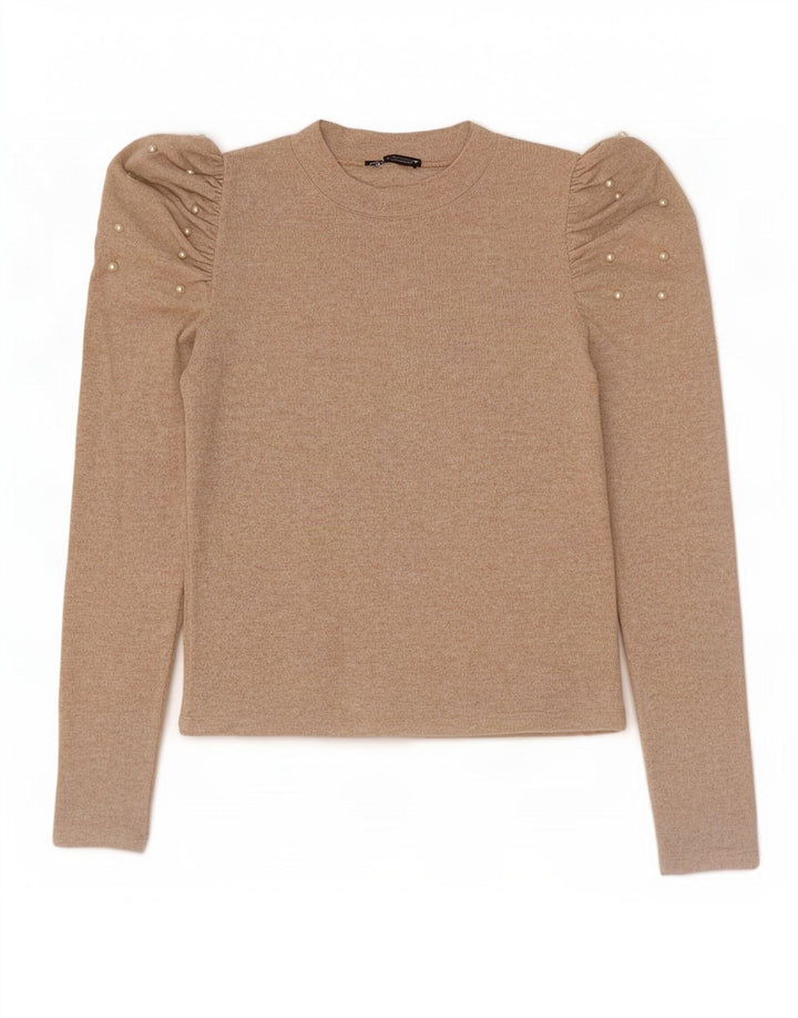 Top Zara a maniche lunghe da donna, taglia UK 12, beige medio