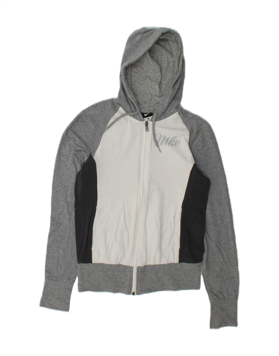 NIKE Womens Graphic Zip Hoodie Sweater UK 14 Medium Grey Colourblock Vintage Nike and Second-Hand Nike from Messina Hembry 