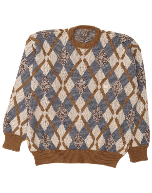 Maglione vintage da uomo girocollo IT 52 grande marrone a rombi/diamante