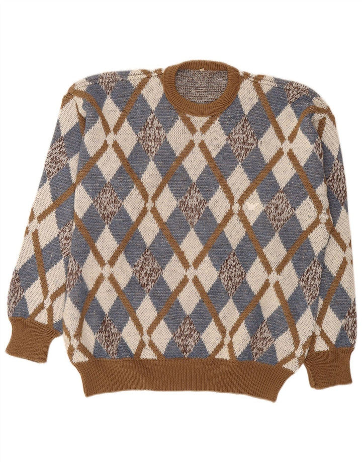 Maglione vintage da uomo girocollo IT 52 grande marrone a rombi/diamante