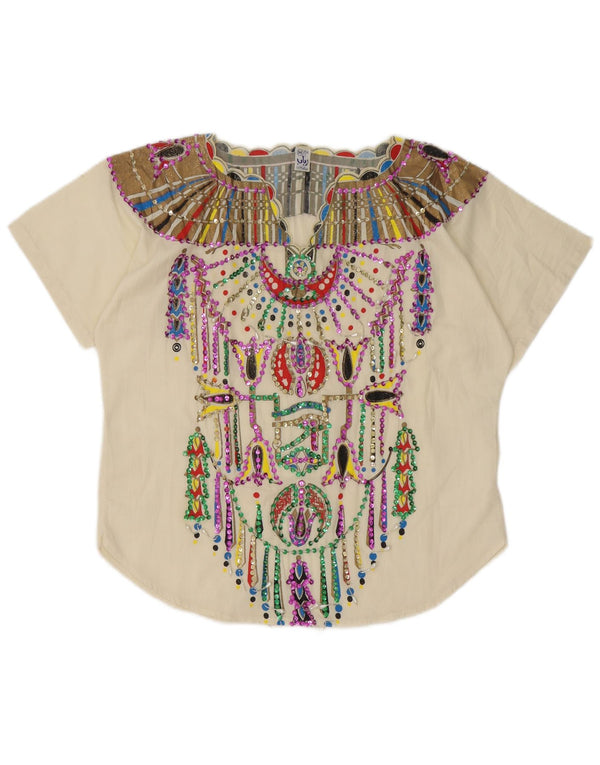Camicetta vintage da donna con motivo astratto Top UK 14 Etnico bianco medio