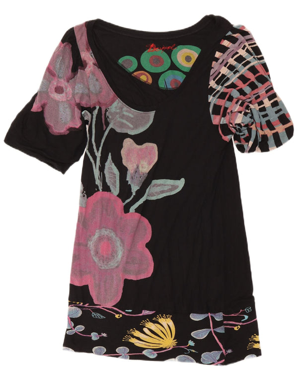 Desigual Abito tunica grafico da donna UK 14 Grande viscosa floreale nera