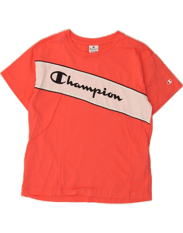 CHAMPION Womens Graphic T-Shirt Top UK 14 Medium Orange Colourblock Vintage Champion and Second-Hand Champion from Messina Hembry 